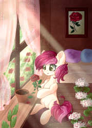 Size: 1000x1400 | Tagged: safe, artist:mitralexa, character:roseluck, species:earth pony, species:pony, bed, crepuscular rays, cute, cuteluck, ear fluff, female, flower, indoors, mare, pillow, rose, sitting, sunlight, window