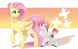 Size: 3500x2200 | Tagged: safe, artist:kraytt-05, character:fluttershy, oc, oc:serious shield, parent:bulk biceps, parent:fluttershy, parents:flutterbulk, species:pegasus, species:pony, alternate hairstyle, colored wings, colt, eye contact, female, fluttermom, hair bun, looking at each other, male, mare, mother and son, multicolored wings, offspring, raised hoof, smiling