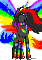 Size: 3508x4961 | Tagged: safe, artist:celestialess, oc, oc only, oc:princess neon boom, species:alicorn, species:pony, alicorn oc, colored horn, colored wings, female, grin, jewelry, mare, multicolored wings, neon pony, original species, rainbow tail, rainbow wings, regalia, simple background, smiling, solo, spread wings, transparent background, wings