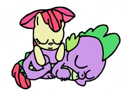 Size: 537x405 | Tagged: safe, artist:closer-to-the-sun, character:apple bloom, character:spike, species:dragon, species:pony, ship:spikebloom, cuddling, cute, female, hug, interspecies, male, shipping, simple background, sleeping, straight, white background