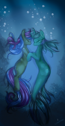 Size: 1250x2400 | Tagged: safe, artist:colochenni, character:bon bon, character:lyra heartstrings, character:sweetie drops, species:earth pony, species:pony, species:seapony (g4), ship:lyrabon, bubble, drawthread, eyes closed, female, floating, lesbian, mare, movie poster, parody, ponified, request, seaponified, seapony lyra, shipping, species swap, swimming, the shape of water, underwater