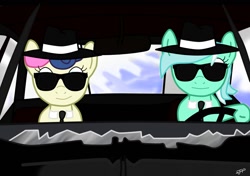 Size: 1024x720 | Tagged: safe, artist:filipinoninja95, character:bon bon, character:lyra heartstrings, character:sweetie drops, ship:lyrabon, blues brothers, car, clothing, crossover, driving, female, hat, lesbian, necktie, shipping, sunglasses, swag