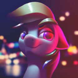Size: 3000x3000 | Tagged: safe, artist:autello, character:rainbow dash, species:pegasus, species:pony, blurred background, blurry, bokeh, bust, chromatic aberration, faec, female, looking at you, mare, portrait, retrowave, smug, smugdash, solo