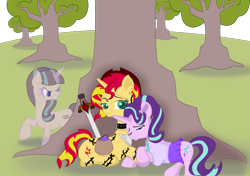 Size: 3467x2444 | Tagged: safe, artist:sparkleshadow, character:starlight glimmer, character:sunset shimmer, species:pony, species:unicorn, ship:shimmerglimmer, alternate hairstyle, alternate universe, angry, book, choker, clothing, cowboy hat, cuddling, duality, ear piercing, earring, female, goth, hat, horn piercing, horn ring, jewelry, lesbian, mare, necktie, nose piercing, nose ring, piercing, saddle bag, shipping, shirt, skirt, spiked choker, sword, tattoo, transparent, weapon