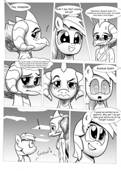 Size: 904x1280 | Tagged: safe, artist:ahobobo, character:princess ember, character:rainbow dash, species:dragon, species:pegasus, species:pony, comic:expanding relations, bloodstone scepter, blushing, drool, explicit series, fanfic, fanfic art, grayscale, hungry, monochrome, this will end in weight gain