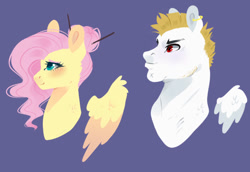 Size: 670x460 | Tagged: safe, artist:kraytt-05, character:bulk biceps, character:fluttershy, species:pegasus, species:pony, ship:flutterbulk, alternate hairstyle, bust, chopsticks in hair, female, floating wings, hair bun, handsome hunky bulky, male, purple background, shipping, simple background, straight