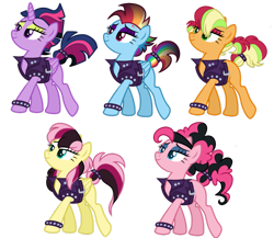 Size: 959x832 | Tagged: safe, artist:guzzlord, character:applejack, character:fluttershy, character:pinkie pie, character:rainbow dash, character:twilight sparkle, character:twilight sparkle (alicorn), species:alicorn, species:earth pony, species:pegasus, species:pony, alternate hairstyle, clothing, dyed mane, eyeshadow, jacket, leather jacket, makeup, punk, punkity, simple background, spiked wristband, tail bracelet, transparent background, wristband
