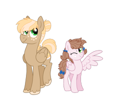 Size: 1200x1000 | Tagged: safe, artist:guzzlord, oc, oc only, oc:buckingham, oc:wildflower, parent:applejack, parent:soarin', parents:soarinjack, species:pegasus, species:pony, brother and sister, colt, duo, female, filly, foal, hair bun, male, next generation, offspring, one eye closed, simple background, transparent background, wink