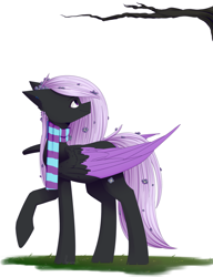 Size: 1280x1667 | Tagged: safe, artist:cupofvanillatea, oc, oc:spring night, species:pegasus, species:pony, clothing, female, mare, raised hoof, scarf, simple background, solo, tree, two toned wings, white background