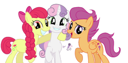 Size: 1024x503 | Tagged: safe, artist:guzzlord, character:apple bloom, character:scootaloo, character:sweetie belle, species:earth pony, species:pegasus, species:pony, species:unicorn, alternate cutie mark, alternate universe, braid, cutie mark crusaders, female, mare, older, older apple bloom, older scootaloo, older sweetie belle, raised hoof, scootaloo can't fly, simple background, transparent background, trio