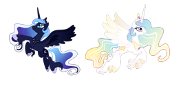Size: 1600x844 | Tagged: safe, artist:guzzlord, character:princess celestia, character:princess luna, species:alicorn, species:pony, colored wings, crown, duo, ethereal fetlocks, ethereal mane, female, flying, gradient hair, gradient wings, hoof fluff, jewelry, long feather, mare, redesign, regalia, royal sisters, simple background, sisters, spread wings, transparent background, ultimate luna, unshorn fetlocks, wings