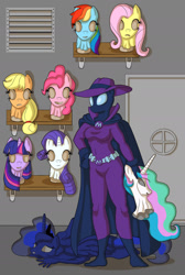 Size: 1200x1789 | Tagged: safe, artist:vytz, character:applejack, character:fluttershy, character:mare do well, character:pinkie pie, character:princess celestia, character:princess luna, character:rainbow dash, character:rarity, character:twilight sparkle, species:anthro, fantomas, mask, masking, masks, movie reference, ponysuit, superhero
