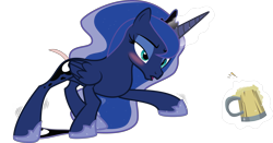 Size: 4256x2223 | Tagged: safe, artist:fallingcomets, edit, editor:slayerbvc, character:princess luna, species:alicorn, species:pony, blushing, cider, drunk, drunk luna, female, magic, mare, mug, peytral, shaved tail, simple background, solo, tankard, transparent background, vector, vector edit, wobbling