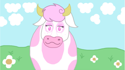Size: 1161x651 | Tagged: safe, artist:cherry1cupcake, oc, species:cow, cloud, flower, grass, happy, horns, non-pony oc, solo