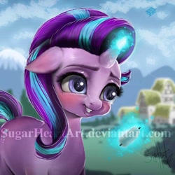 Size: 800x800 | Tagged: safe, artist:sugarheartart, character:starlight glimmer, species:pony, species:unicorn, female, glowing horn, kite, kite flying, ponyville, smiling, solo, watermark