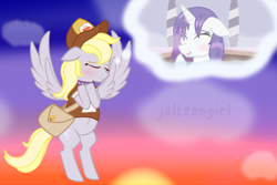 Size: 1024x683 | Tagged: safe, artist:jolteongirl, character:derpy hooves, character:rarity, species:pony, ship:derpity, blushing, cap, clothing, female, flying, hat, lesbian, mailbag, shipping, spa