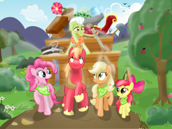 Size: 1600x1200 | Tagged: safe, artist:mozgan, character:apple bloom, character:applejack, character:big mcintosh, character:granny smith, character:pinkie pie, species:earth pony, species:pony, episode:pinkie apple pie, g4, my little pony: friendship is magic, apple family, apple tree, apples to the core, scene interpretation, singing, tree