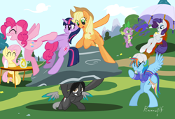 Size: 1750x1200 | Tagged: safe, artist:humble-ravenwolf, character:applejack, character:fluttershy, character:pinkie pie, character:rainbow dash, character:rarity, character:spike, character:twilight sparkle, oc, oc:ravenhoof, species:earth pony, species:pegasus, species:pony, species:unicorn, bipedal, boulder, fanning, field, floating wings, juice, lemonade, mane seven, mane six, rock, umbrella