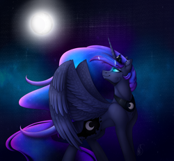 Size: 3800x3512 | Tagged: safe, artist:norica-official, character:princess luna, species:alicorn, species:pony, chest fluff, ear fluff, ethereal mane, female, jewelry, looking back, mare, moon, night, regalia, solo, spread wings, stars, wings