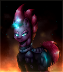 Size: 2410x2750 | Tagged: safe, artist:norica-official, character:tempest shadow, species:pony, species:unicorn, my little pony: the movie (2017), armor, broken horn, eye scar, female, fire, grin, mare, scar, smiling, solo, sparking horn