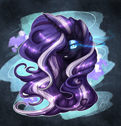 Size: 2055x2153 | Tagged: safe, artist:norica-official, character:nightmare rarity, character:rarity, species:pony, species:unicorn, abstract background, bust, chest fluff, ear fluff, female, glowing eyes, hair over one eye, mare, smiling, solo