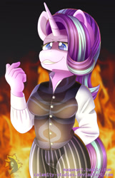 Size: 1500x2328 | Tagged: safe, artist:calamity-studios, character:starlight glimmer, species:anthro, species:pony, species:unicorn, a series of unfortunate events, breasts, clothing, count olaf, crossover, evil grin, female, fire, grin, smiling, solo