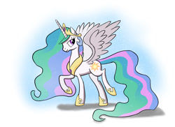 Size: 1024x744 | Tagged: safe, artist:tech--pony, character:princess celestia, species:alicorn, species:pony, ethereal mane, female, jewelry, mare, regalia, smiling, solo, spread wings, wings