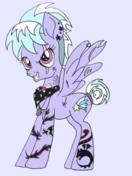 Size: 3024x4032 | Tagged: safe, artist:icey-wicey-1517, artist:sparkleshadow, edit, character:cloudchaser, species:dragon, species:pegasus, species:pony, alternate hairstyle, alternate universe, bandana, blue background, collaboration, color edit, colored, dog tags, ear piercing, earring, eye scar, female, jewelry, mare, necklace, nose piercing, piercing, scar, short tail, simple background, snake, solo, spider web, tail wrap, tattoo, wing piercing