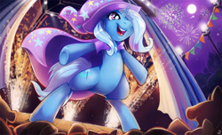 Size: 1500x909 | Tagged: safe, artist:chocokangoo, character:trixie, species:pony, species:unicorn, bipedal, cape, clothing, crowd, female, fireworks, hat, solo, stage, trixie's cape, trixie's hat