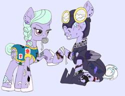 Size: 3658x2803 | Tagged: safe, artist:icey-wicey-1517, artist:sparkleshadow, edit, character:cloudchaser, character:flitter, species:dragon, species:pegasus, species:pony, alternate hairstyle, alternate universe, armor, bandage, bandaid, bandana, blue background, collaboration, color edit, colored, dog tags, ear piercing, earring, eye scar, eyes closed, feather, female, flitter is not amused, flower, goggles, helmet, jewelry, mare, mouth hold, necklace, nose piercing, piercing, scar, short tail, simple background, sisters, snake, tape, tattoo, twins, unamused, wonderbolts