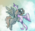 Size: 1984x1736 | Tagged: safe, artist:colochenni, idw, character:dust devil, species:bird, species:pegasus, species:pony, g4, background pony, drawthread, female, flying, goggles, hug, mare, request, sky