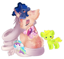 Size: 1727x1578 | Tagged: no source, safe, artist:fluffire, character:princess cadance, character:princess celestia, character:princess luna, oc, oc:gilded royal, oc:sumac spirit, species:pony, cuddling, curved horn, female, gradient hair, mare, plushie, solo, ych result