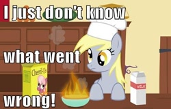 Size: 500x320 | Tagged: safe, artist:ohitison, edit, character:cheerilee, character:derpy hooves, cereal box, epic fail, fail, fire, food, funny, i just don't know what went wrong, image macro, impact font, meme, milk, simpsons did it, the simpsons, writing
