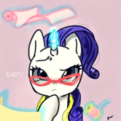 Size: 768x768 | Tagged: safe, artist:zoomiso, character:rarity, species:pony, species:unicorn, fabric, female, glasses, glowing horn, levitation, magic, mare, measuring tape, solo, telekinesis, thinking