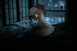 Size: 1024x681 | Tagged: safe, artist:naijiwizard, character:applejack, species:pony, bed, dim, irl, looking down, night, photo, photoshop, ponies in real life, sad, sitting, solo