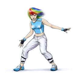 Size: 900x900 | Tagged: safe, artist:averagedraw, character:rainbow dash, species:human, clothing, female, fingerless gloves, gloves, humanized, looking at you, midriff, mirror's edge, solo, wristband