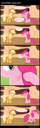 Size: 820x2600 | Tagged: safe, artist:ohitison, character:applejack, character:pinkie pie, character:trixie, episode:magic duel, g4, my little pony: friendship is magic, alicorn amulet, breathing, comic, ears, futurama, gills, no mouth, no nose, reference, sarcasm