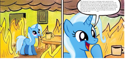 Size: 2258x1078 | Tagged: safe, artist:naijiwizard, edit, character:trixie, species:pony, species:unicorn, comics, dialogue, exploitable, exploitable meme, female, fire, meme, meme template, open mouth, smiling, solo, speech bubble, the fitnessgram pacer test, this is fine