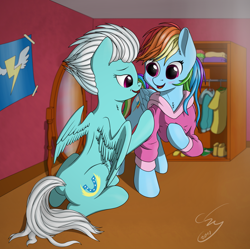 Size: 1916x1907 | Tagged: safe, artist:cluvry, character:fleetfoot, character:rainbow dash, species:pegasus, species:pony, ship:fleetdash, closet, clothing, commission, female, gift giving, jacket, lesbian, mirror, shipping, smiling, wonderbolts logo