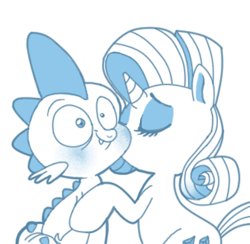 Size: 316x308 | Tagged: safe, artist:circustent, character:rarity, character:spike, species:dragon, species:pony, species:unicorn, ship:sparity, blushing, cute, female, interspecies, kiss on the cheek, kissing, male, mare, monochrome, shipping, spikabetes, straight