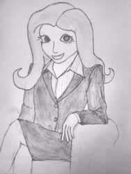 Size: 3120x4160 | Tagged: safe, artist:jesterofdestiny, derpibooru original, character:fluttershy, species:human, black and white, blouse, business suit, button-up shirt, clothing, crossed legs, female, grayscale, humanized, looking at you, monochrome, shirt, sitting, skirt, smiling, solo, suit, traditional art, tube skirt