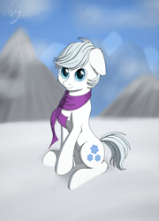Size: 1482x2057 | Tagged: safe, artist:cluvry, character:double diamond, species:earth pony, species:pony, clothing, commission, cute, dawwww, double dawwmond, male, scarf, signature, smiling, snow, solo, stallion