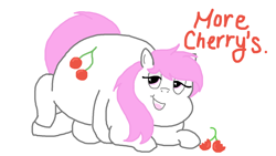 Size: 1920x1080 | Tagged: safe, artist:cherry1cupcake, oc, oc:cherry cerise, cherry, fat, food, fruit, grammar error, happy, lying down, obese, solo