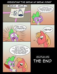 Size: 1024x1326 | Tagged: safe, artist:tech--pony, character:big mcintosh, character:spike, character:sugar belle, species:dragon, species:pony, episode:the break up break down, bell, big mac doesn't know how to write postal address properly, comic, eeyup, food, good end, illiteracy, implied sugar belle, package, pictogram, quill, quill pen, sugar (food), sugarcube