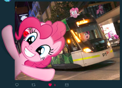 Size: 734x531 | Tagged: safe, artist:naijiwizard, edit, character:pinkie pie, breaking the fourth wall, city, grin, happy, helmet, irl, like, looking at you, melbourne e-class tram, meta, multeity, photo, photoshop, pinkie clone, ponies in real life, raised hooves, smiling, this will end in parties, too much pink energy is dangerous, tram, twitter