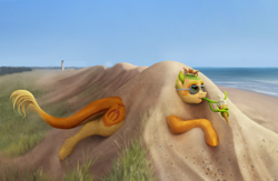 Size: 1000x650 | Tagged: safe, artist:geoffrey mcdermott, oc, oc only, oc:non toxic, beach, buried, cute, food, ice cream, monster pony, original species, sand, solo, tatzlpony, tentacle tongue, tentacles, tongue out
