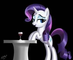 Size: 2013x1677 | Tagged: safe, artist:warfost, character:rarity, species:pony, species:unicorn, alcohol, bipedal, drink, female, hooves on the table, solo, table, wine, wine glass