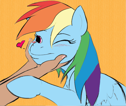 Size: 1141x963 | Tagged: safe, artist:crocface, edit, editor:the dreaded, character:rainbow dash, species:human, species:pony, behaving like a dog, color edit, colored, cute, dashabetes, heart, holding head, human on pony petting, one eye closed, orange background, petting, simple background