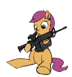 Size: 1194x1280 | Tagged: safe, artist:fiasko0, character:scootaloo, species:pegasus, species:pony, acog, ar15, female, gun, rifle, simple background, solo, stalkerloo, this will end in tears, trijicon, weapon, white background