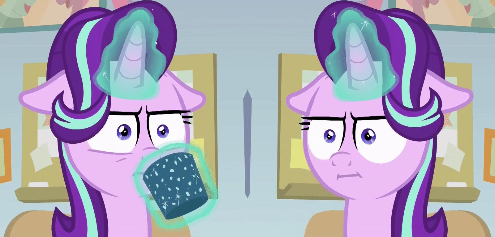 Size: 1600x767 | Tagged: safe, artist:x-saltedfish, edit, edited screencap, screencap, character:starlight glimmer, species:pony, species:unicorn, episode:marks for effort, g4, my little pony: friendship is magic, :i, animated, chinese meme, chocolate, cropped, cup, drinking, duality, empathy cocoa, faec, female, floppy ears, food, gif, glowing horn, hot chocolate, i mean i see, levitation, loop, magic, meme, mirrored, reaction image, similo duplexis, solo, telekinesis, unamused, unitinu